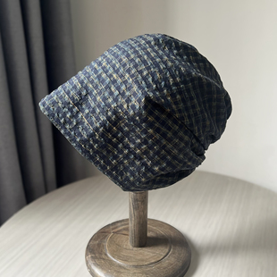 格纹包头帽女薄款 透气复古风套头帽 宽松显脸小堆堆帽子大头围新款