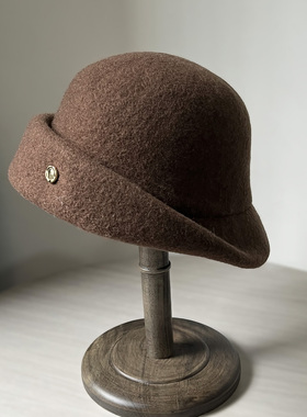 卷边羊毛礼帽女秋冬保暖法式名媛气质盆帽复古显脸小千金渔夫帽子