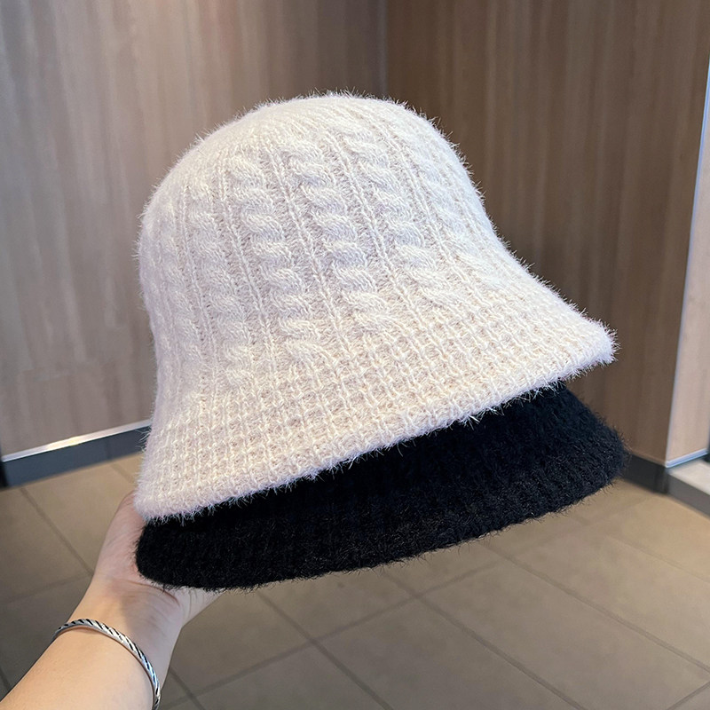 韩版毛线渔夫帽女秋冬季保暖显脸小水桶帽子百搭针织毛绒圆顶盆帽