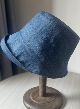 复古卷边蓝色渔夫帽女春秋优雅仿亚麻盆帽显脸小纯色透气遮阳帽子