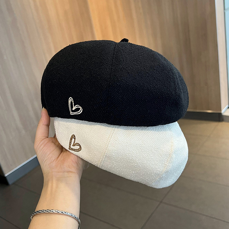 刺绣爱心贝雷帽女秋冬简约百搭八角蓓蕾帽子日系显脸小复古画家帽