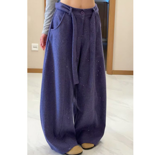 黑色弯刀毛呢亮闪闪女2025冬季新款大码显瘦阔腿高腰加厚加绒裤子