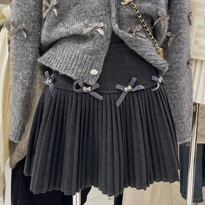十三行2023冬季法式复古蝴蝶结高腰短款防走光百褶裙设计感半身裙