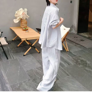 两件套装 女夏 阔腿裤 2026超火穿搭一整套宽松休闲运动亚麻防晒衬衫