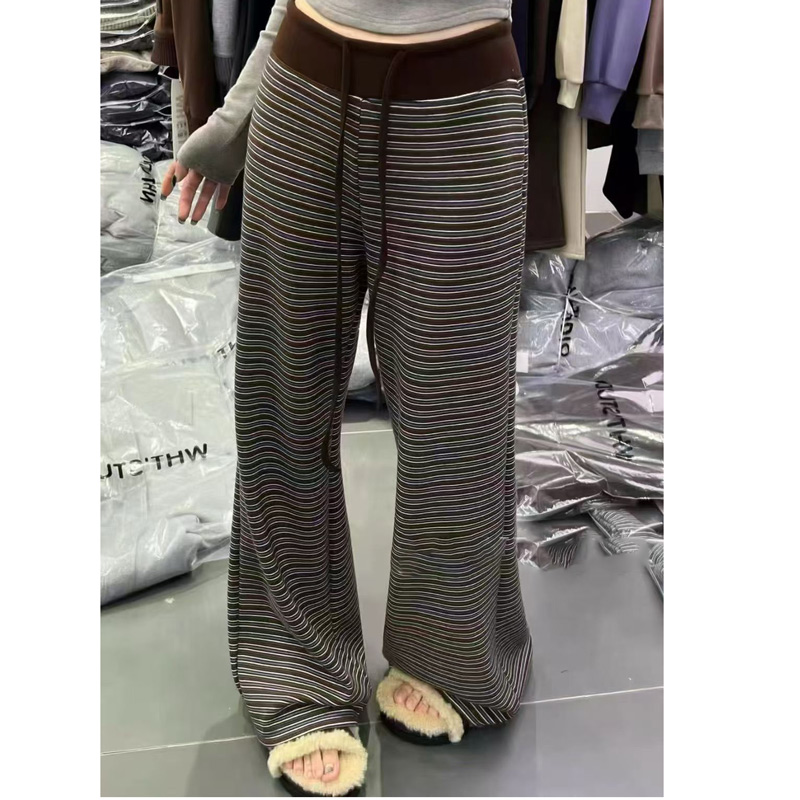 2025新款高腰加绒条纹阔腿裤女宽松百搭慵懒风休闲裤