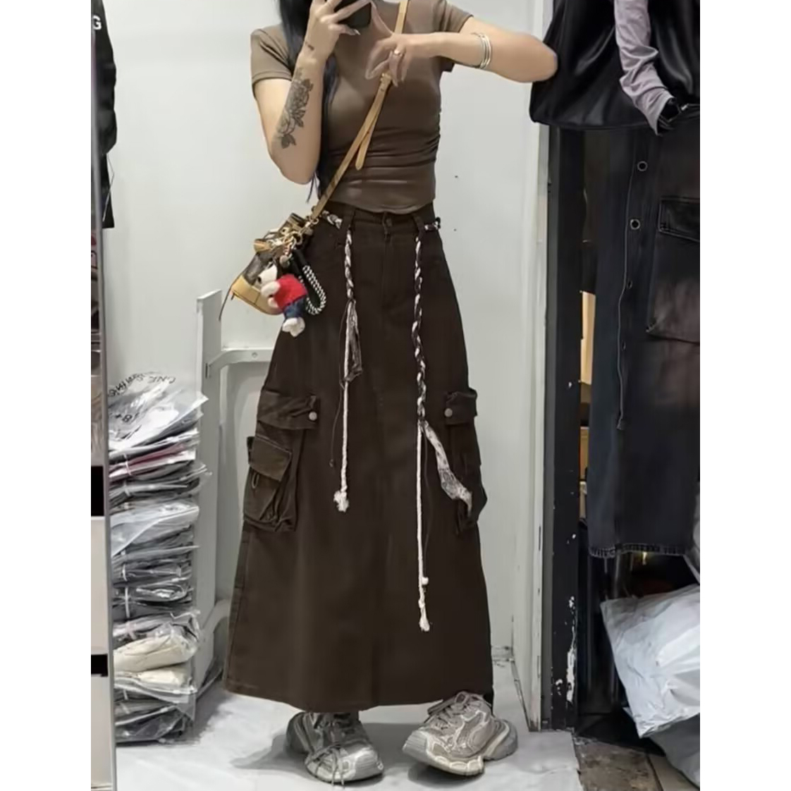 2025秋季新款美式复古口袋工装半身裙女高腰显瘦中长款后开叉裙子