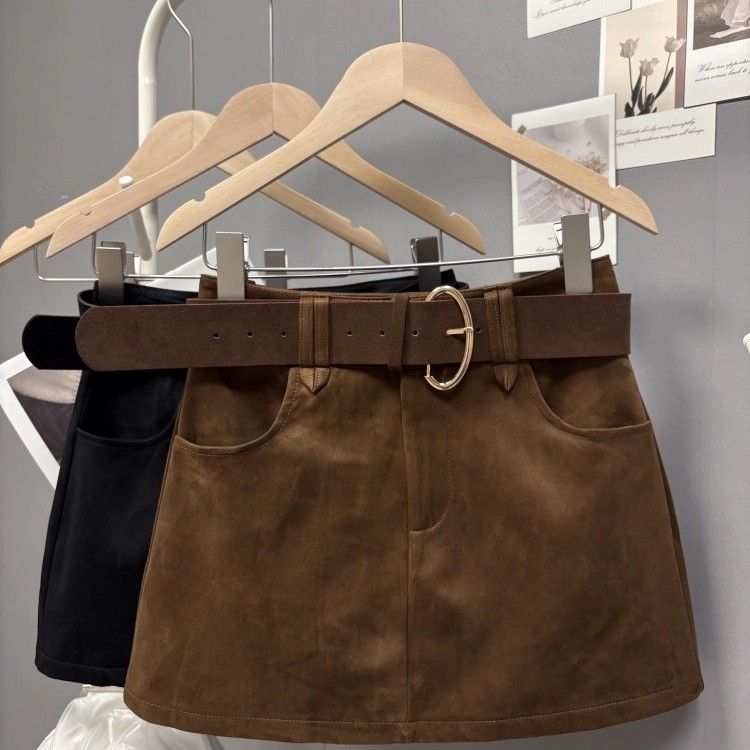 十三行秋冬新款韩版时尚高级感鹿皮绒半身裙高腰显瘦百搭a字短裙