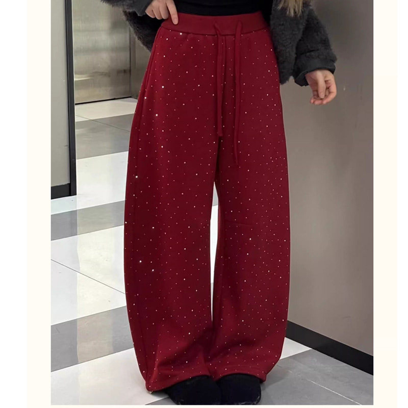 满天星亮片红色弯刀阔腿裤女2026春秋宽松显瘦直筒百搭休闲裤,女装/女士精品,休闲裤,淘宝优惠券,粉丝福利购,淘宝优惠卷