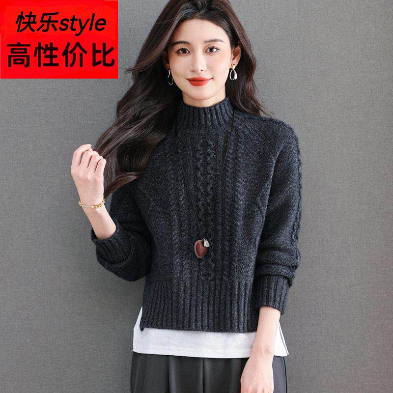 2025秋冬新款半高领麻花编织毛衣女秋冬短款加厚百搭宽松针织衫