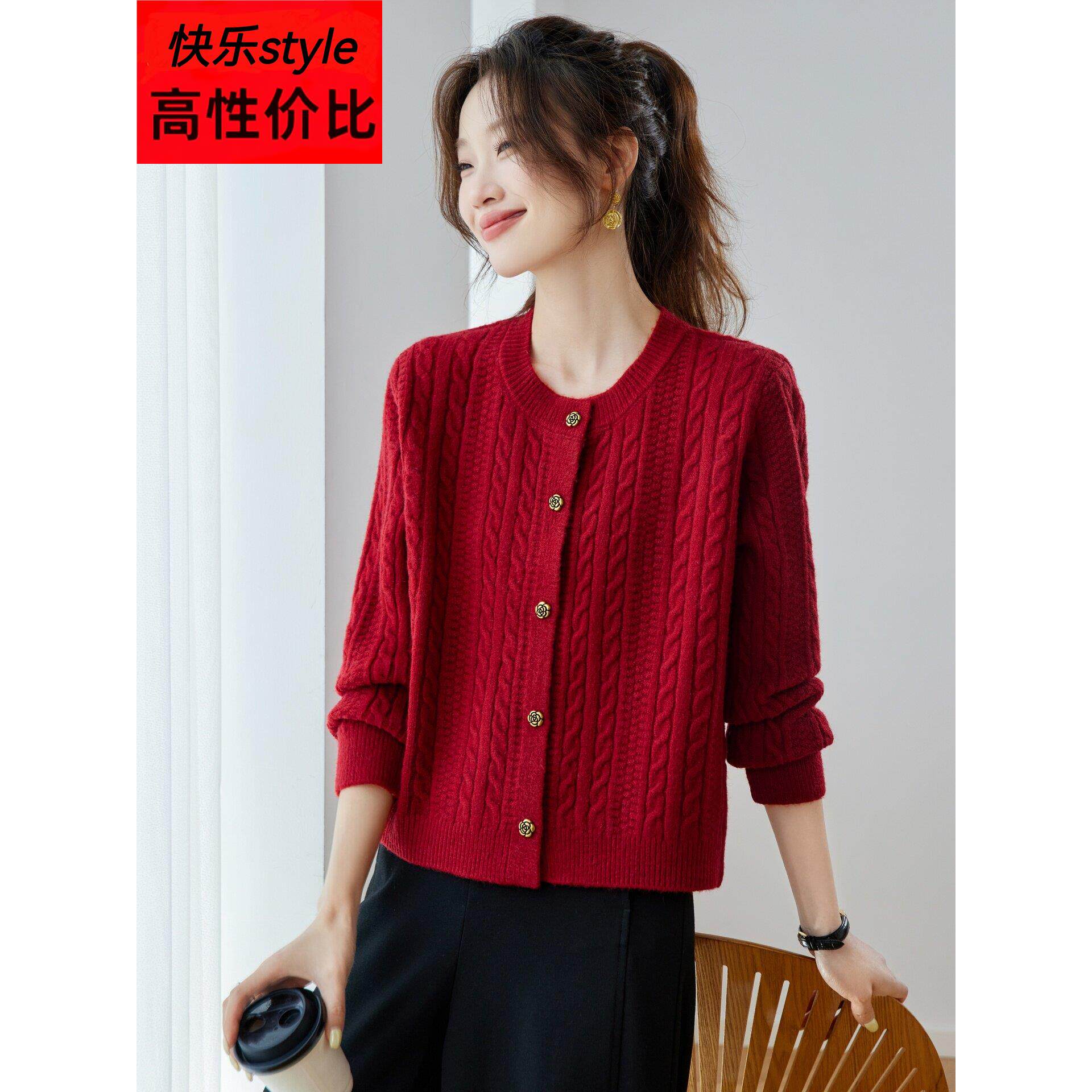 圆领针织开衫女短款2025新款时尚小个子上衣宽松显瘦红色毛衣外套