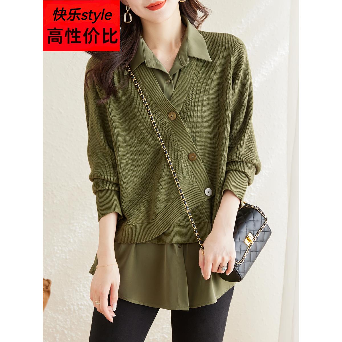 衬衣领假两件针织衫女2025新款春秋妈妈时尚洋气减龄宽松上衣小衫