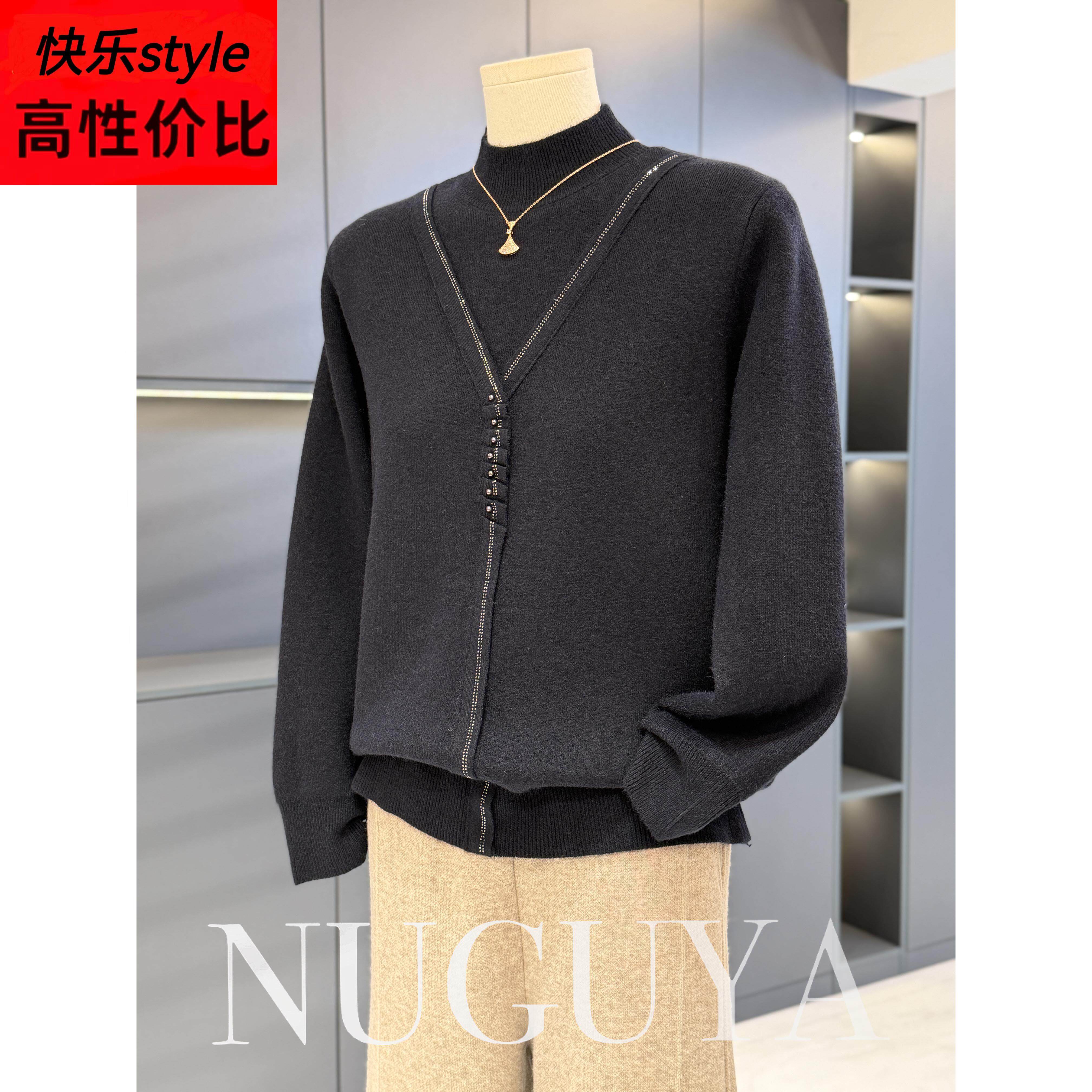 时尚休闲妈妈装加绒毛衣女高领冬装新款上衣气质百搭中老年针织衫
