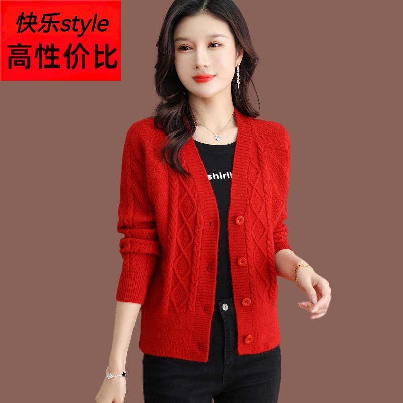 本命年红色毛衣外套女春秋新款妈妈短款外搭上衣宽松羊毛针织开