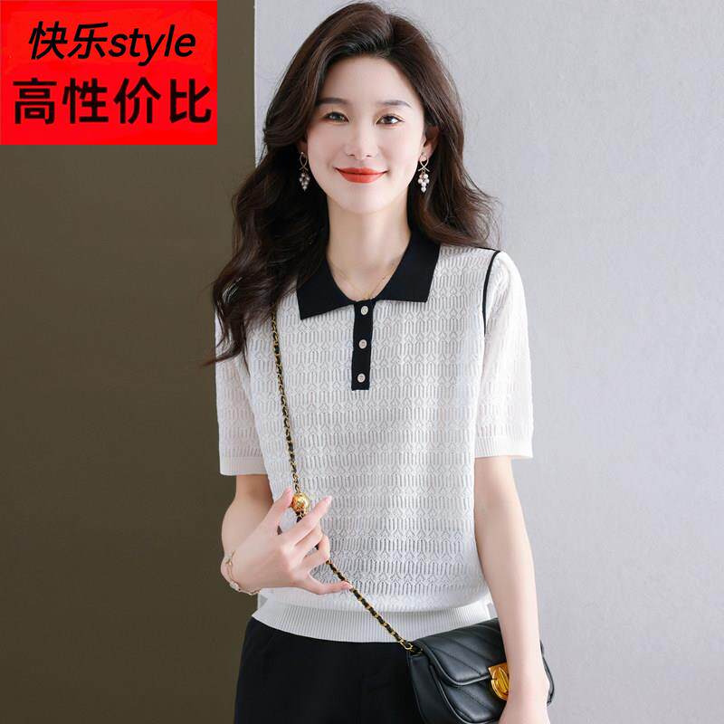 冰丝短袖Polo衫T恤女2025新款夏季宽松翻领薄款上衣短款针织衫