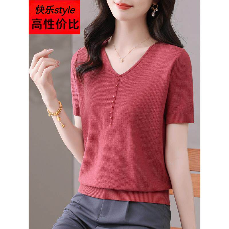 V领短袖女t恤2025新款莱塞尔天丝年轻妈妈装宽松短款洋气小衫上衣