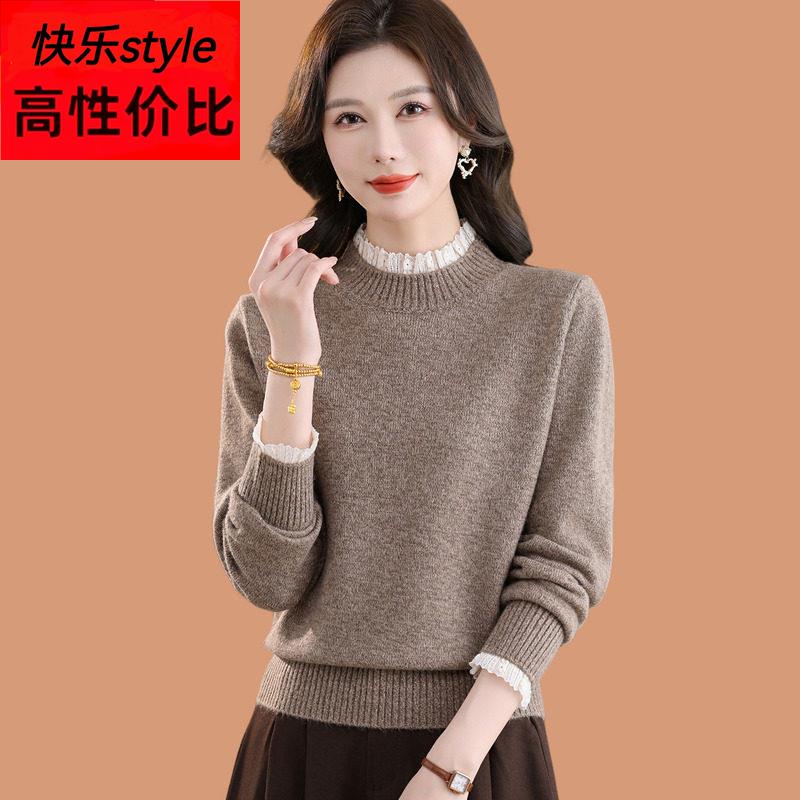 半高领毛衣女士秋冬2025新款蕾丝花边短款加厚羊毛针织打底衫上衣