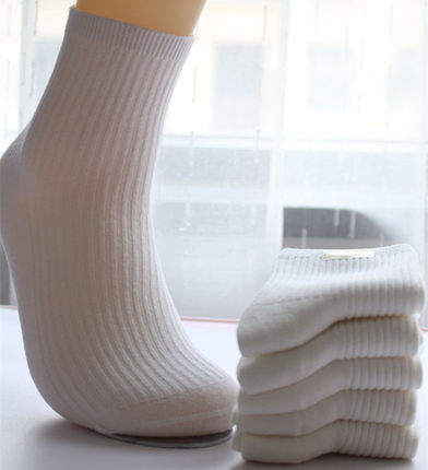 女士秋冬款100%棉双针纯棉中筒袜白色加厚全棉运动袜吸汗防臭袜子