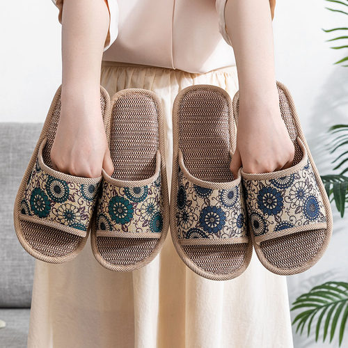 防滑透气亚麻材质印花亚麻拖鞋