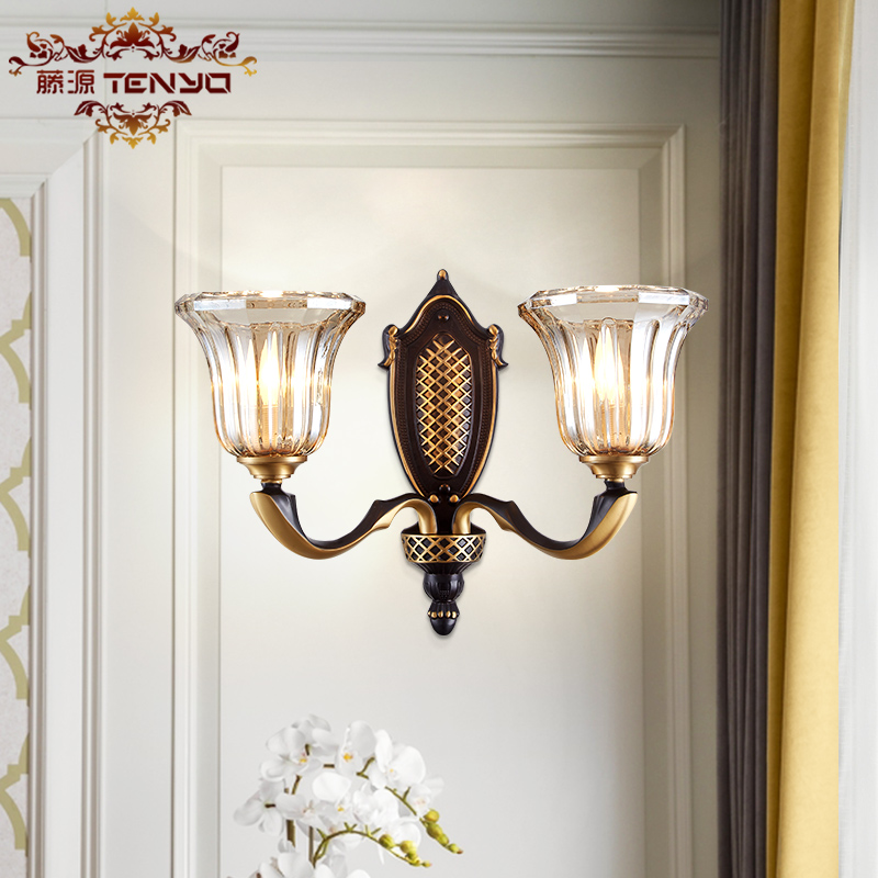 美式全铜壁灯卧室床头灯黑色复古轻奢欧式客厅背景墙过道走廊灯具