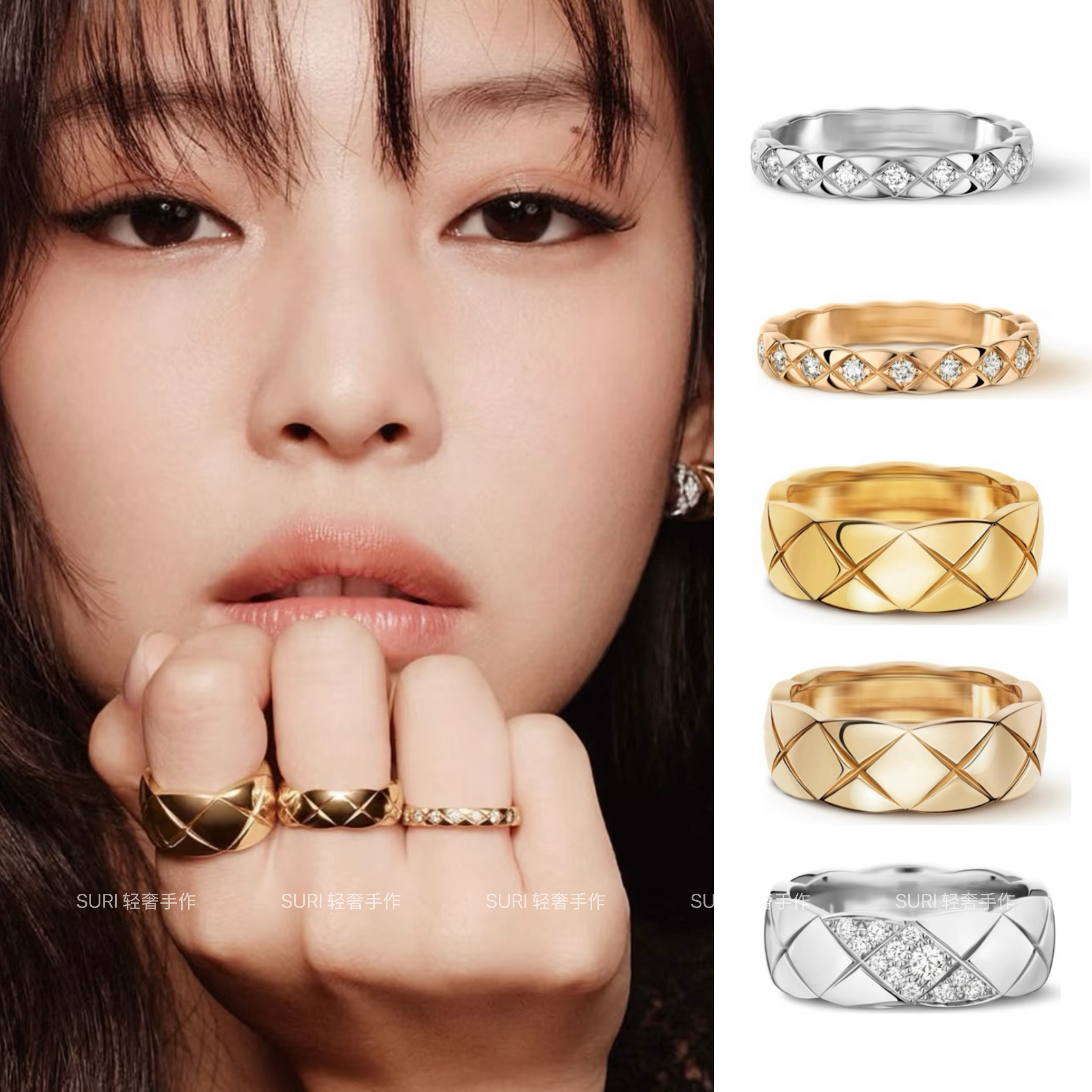 正确版小香风cococruch菱格纹戒指女18K玫瑰金经典宽戒jennie同款