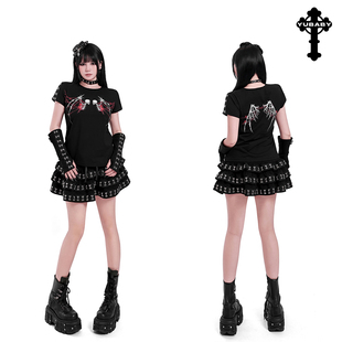 YUBABY视觉系暗黑风个性哥特风骷髅翅膀T恤金属扣装饰亚文化短袖