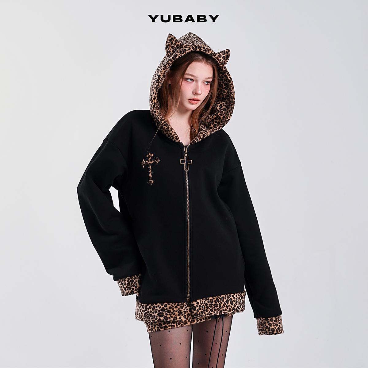 原创黑色连帽卫衣外套拼接豹纹的