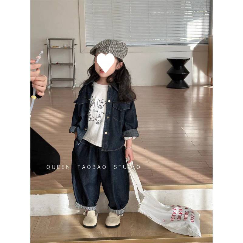 韩版女童复古牛仔套装2025秋冬新款儿童牛仔外套休闲萝卜裤两件套