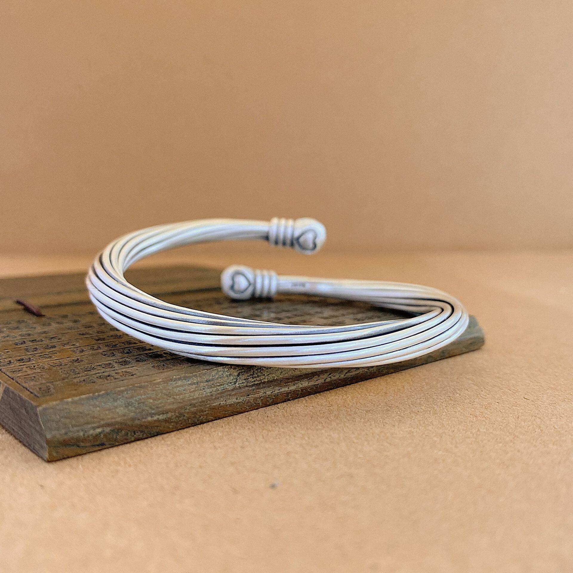 福氏足银银手镯实心蒜头手工扭麻拉丝爱心对珠交叉口纯银手镯