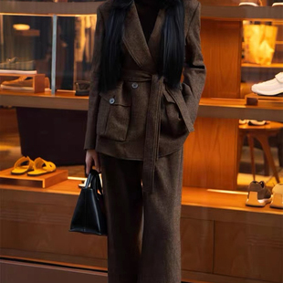 诺诺家冬上新精纺梅拉德色设计感外套阔腿裤套装(配腰绳)WD89