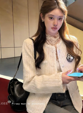 诺诺气质小香风编织亮丝山茶花朵正肩短外套(配可拆胸针)A42778