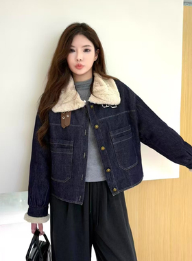 诺诺设计可甜心爆款牛仔拼接环保毛短外套加厚保暖牛仔外套26425