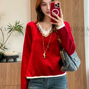 诺小众设计计感撞色假两件V领羊毛上衣保暖毛衣 J278 含30羊毛