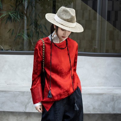 诺诺家酒红提花真丝上衣国风宽松微喇真丝袖藏肉小衫YS205-G413
