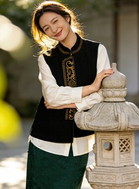 诺诺家襟金色云纹刺绣黑金配色自带华贵气场国风马甲YS209-G413