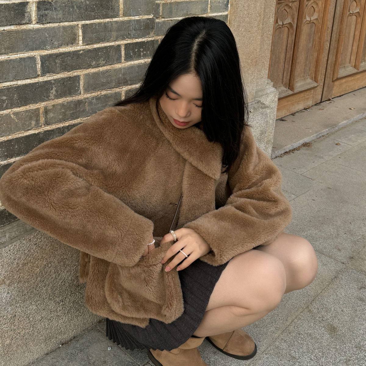 诺诺圆领单排扣宽松羊毛外套(配围巾,包包)（含100澳毛）DC-98081