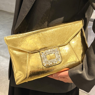 2026新款高级感镶钻腋下包牛皮名媛宴会女手包金色真皮单肩斜挎包