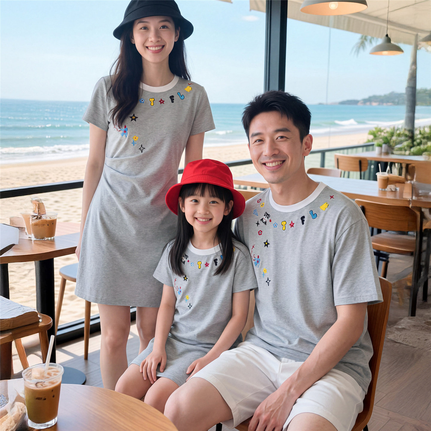 亲子装夏装2026新款一家四口圆领印花纯棉全家装母女装连衣裙洋气