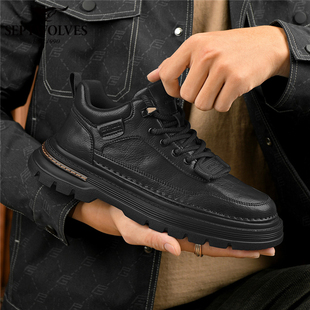 男靴子W 靴系带休闲潮鞋 七匹狼正品 厚底马丁靴男中帮皮面工装