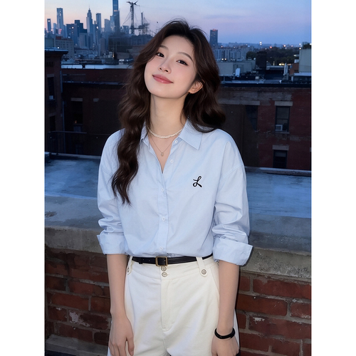 法式蓝色刺绣长袖衬衫女秋
