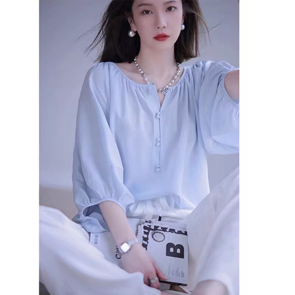 法式时尚圆领七分中袖防晒衬衫女夏季薄款宽松休闲别致雪纺上衣潮