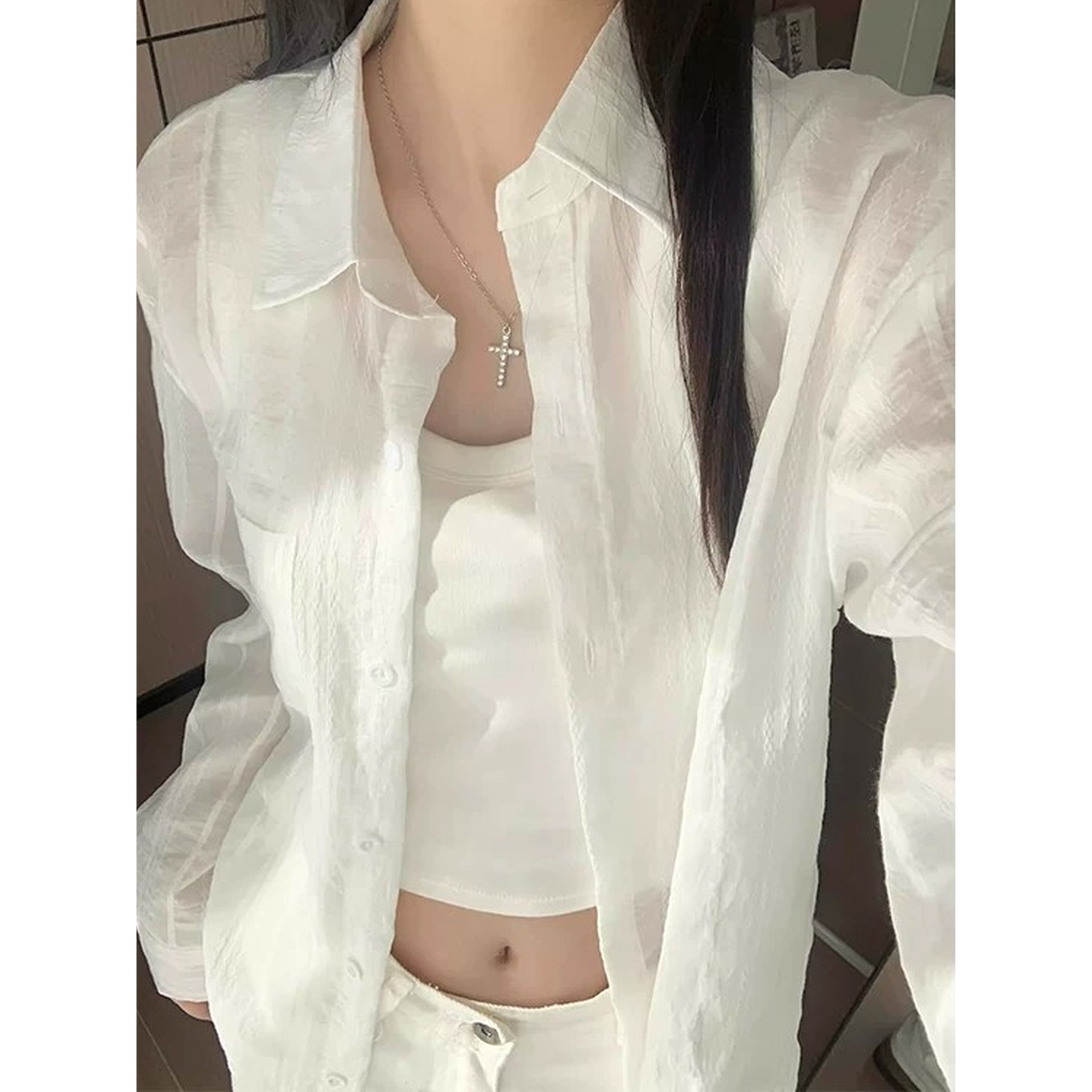 高级感白色冰丝防晒衬衫女图片