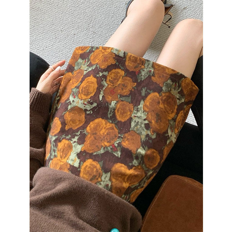 艺术感油画印花半身裙女秋冬后拉链高腰修身包臀裙防走光a字短裙
