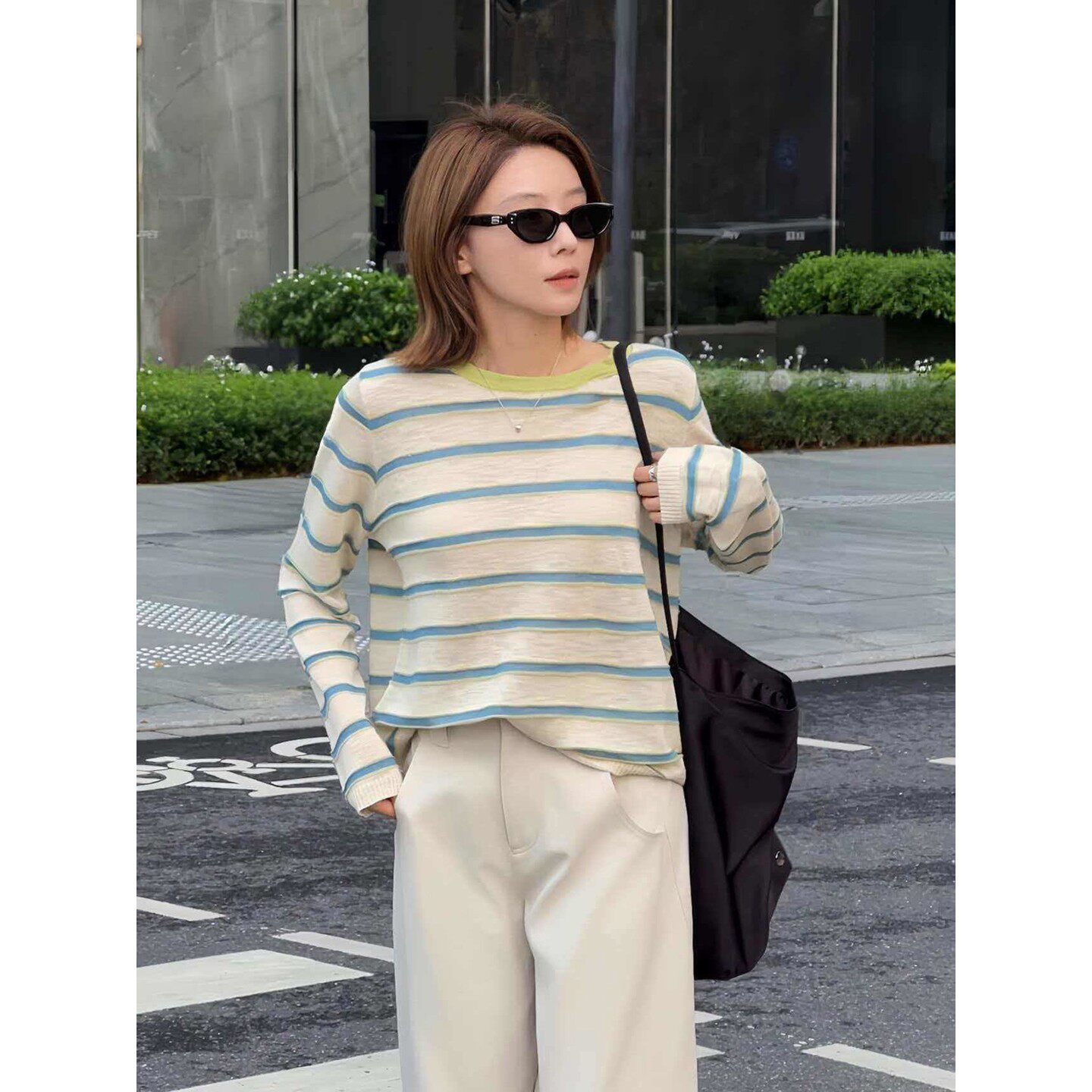 复古条纹冰丝针织防晒罩衫女士2026夏季新款宽松港风长袖T恤上衣