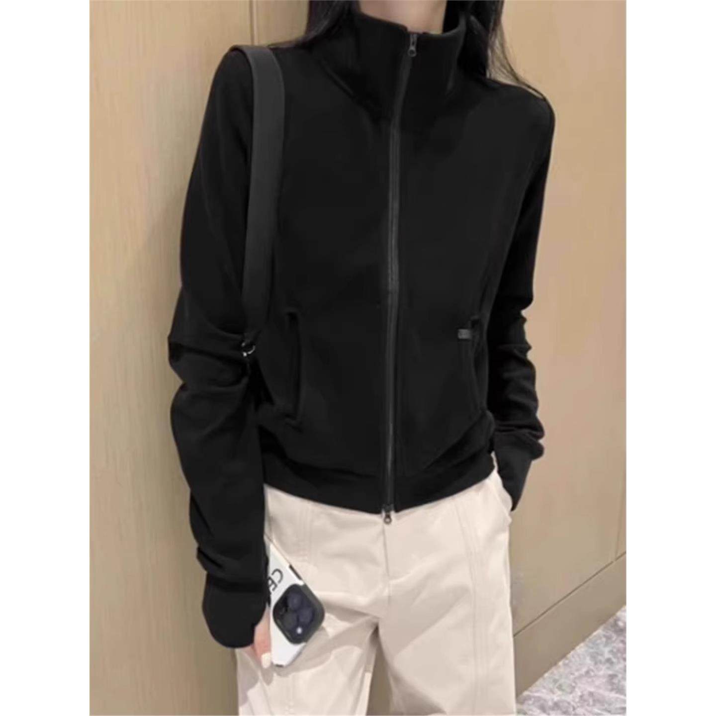 立领卫衣外套女2026春季新款设计感美式修身短款黑色开衫拉链上衣