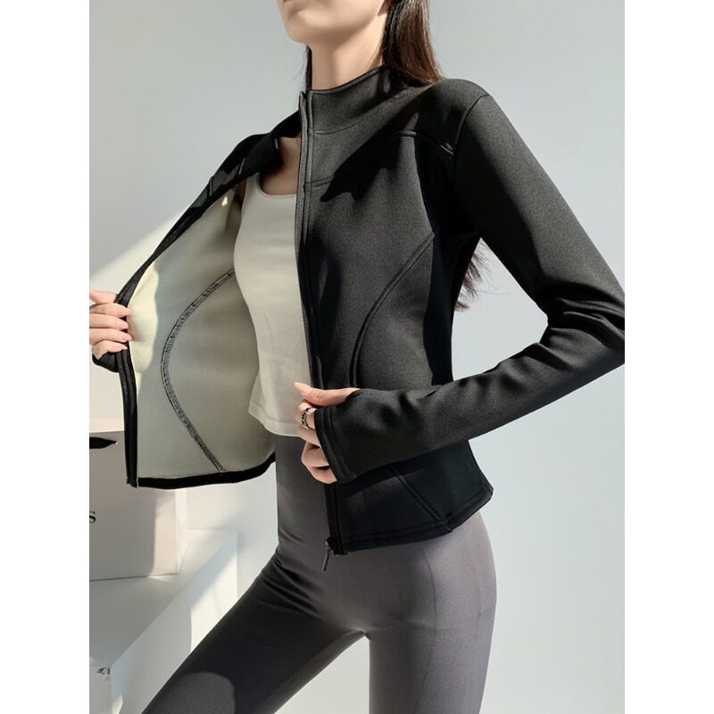 黑色加绒加厚瑜伽服女2026秋冬新款保暖外套立领长袖运动骑行外套