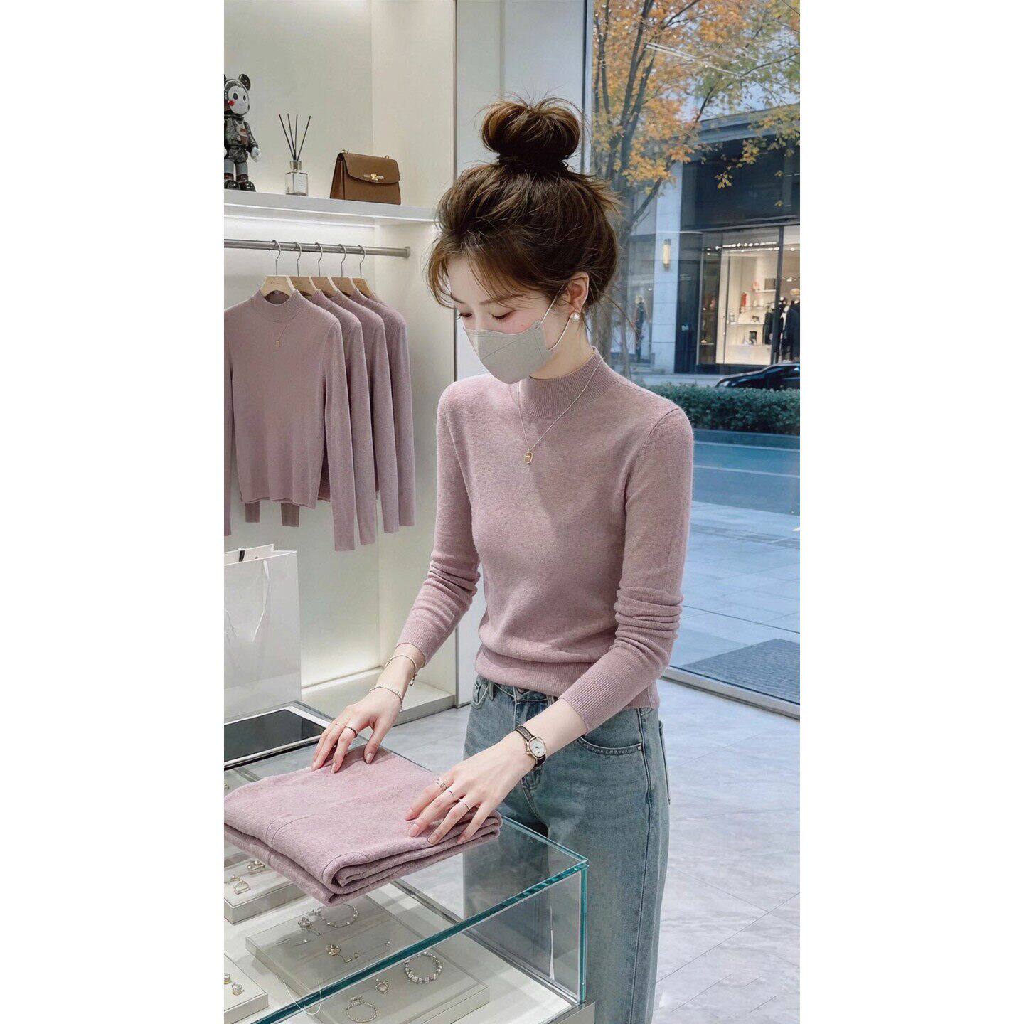 法式简约紫色针织衫女秋冬半高领打底衫内搭高级感可外穿长袖上衣