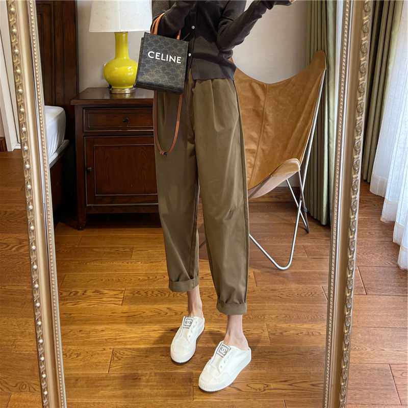 咖色哈伦裤女夏季2023新款松紧腰显瘦宽松直筒奶奶裤大码萝卜裤子