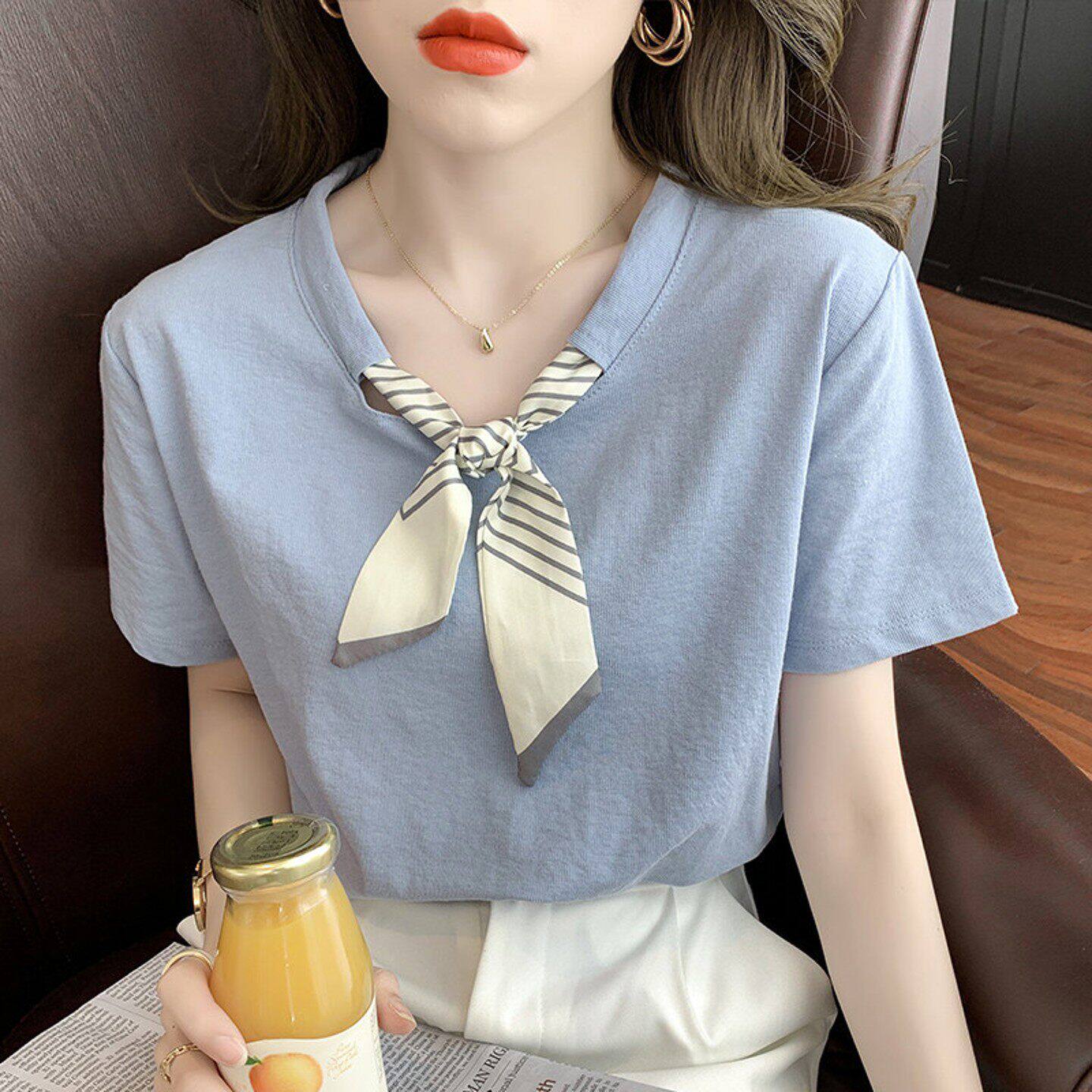 小香风短袖t恤女夏季条纹领结丝带设计气质温柔纯棉正肩圆领上衣