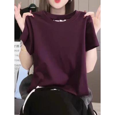 深紫色圆领正肩短袖T恤女2