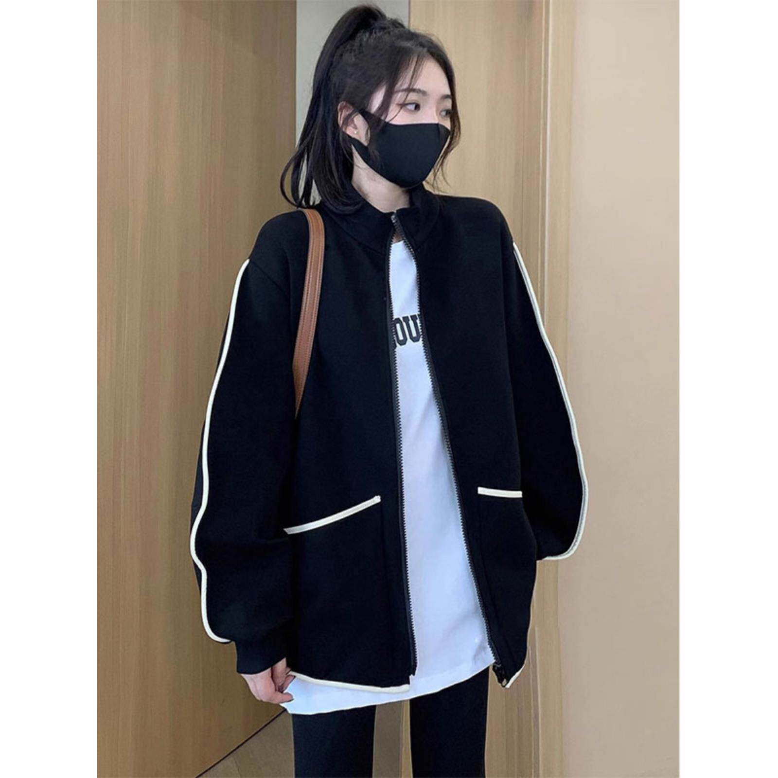 黑色条纹立领棒球服外套秋装女款2026年新款宽松显瘦百搭休闲上衣